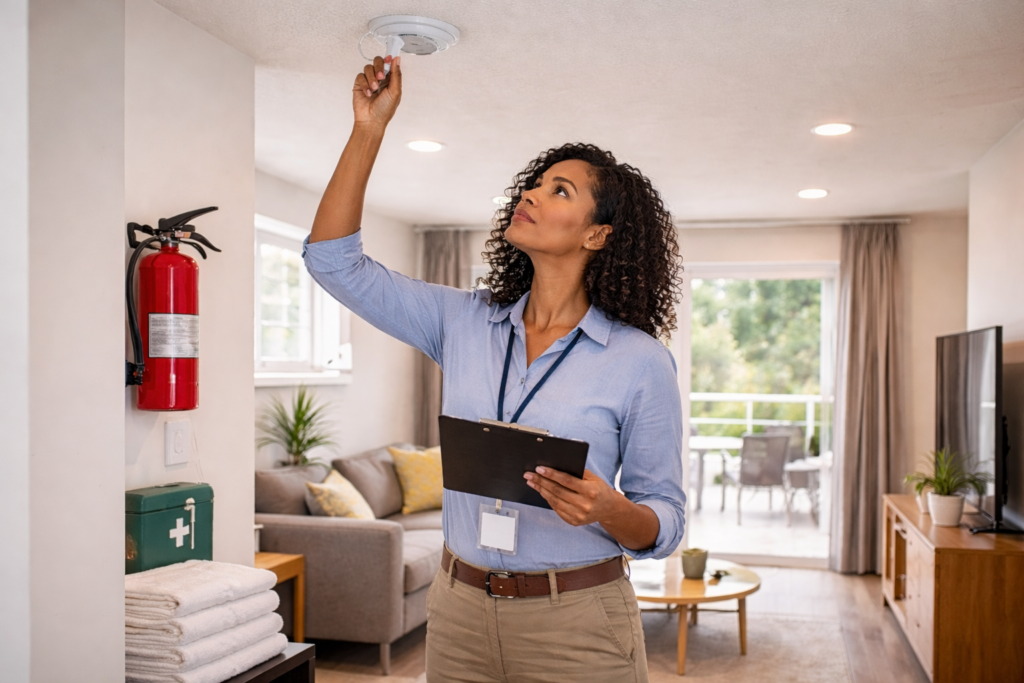Property manager examining fire safety equipment inside a modern rental home.